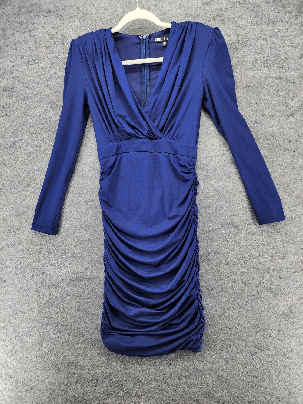 Girl In Mind Dress Womens US 4 V Neck Long Sleeve Blue Ruched Shoulder Pads